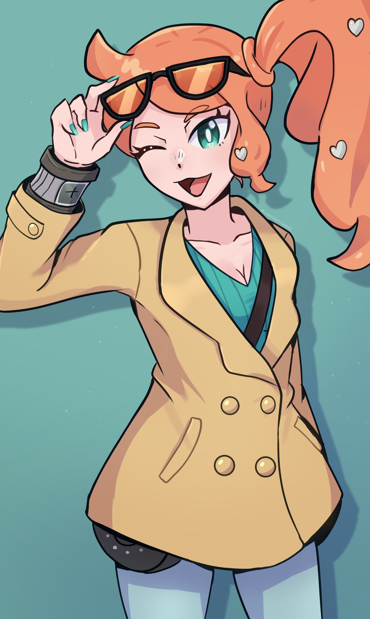 1girl adjusting_eyewear ahoge aqua_eyes aqua_nails aqua_shirt between_breasts breasts brown_coat cleavage coat collarbone denim eyewear_on_head hair_ornament heart heart_hair_ornament highres jeans lunatuneflowers medium_breasts one_eye_closed orange-tinted_eyewear orange_hair pants pokemon pokemon_swsh ribbed_shirt shirt side_ponytail solo sonia_(pokemon) strap_between_breasts sunglasses swept_bangs tinted_eyewear v-neck wavy_hair