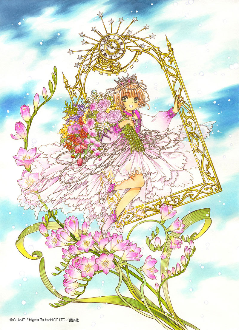 1girl blue_sky bouquet brown_hair cardcaptor_sakura clamp_(circle) cloud crown dress flower full_body green_eyes holding holding_bouquet kinomoto_sakura long_sleeves official_art open_mouth pink_dress short_hair sky smile solo stalk