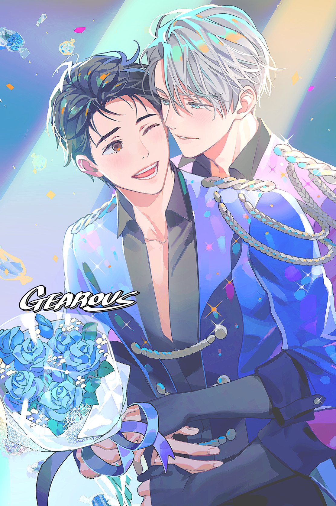 2boys ;d black_hair blue_eyes blue_flower blue_rose bouquet brown_eyes collared_shirt confetti epaulettes eye_contact flower gearous hair_slicked_back highres hug hug_from_behind katsuki_yuuri looking_at_another male_focus multiple_boys one_eye_closed rose shirt smile viktor_nikiforov white_hair yuri!!!_on_ice