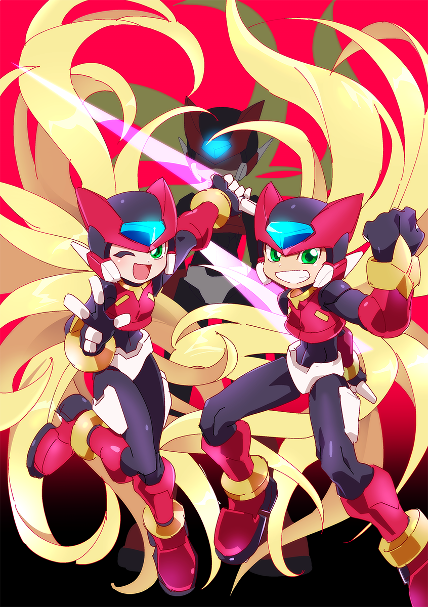 1girl 2boys armor black_bodysuit bodysuit boots clenched_hand crop_top crotch_plate energy_sword forehead_jewel gradient_background green_eyes highres holding holding_sword holding_weapon kon_(kin219) light_blush long_hair looking_at_viewer mega_man_(series) mega_man_zero_(series) mega_man_zero_3 mega_man_zx model_ox_(mega_man) multiple_boys omega_(mega_man) open_mouth power_armor red_armor red_background red_footwear red_helmet red_theme smile sword teeth very_long_hair w weapon