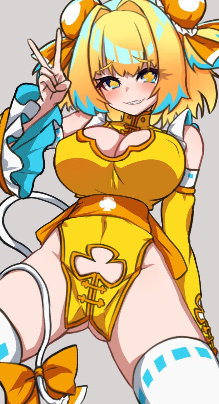 +_+ 1girl ass_visible_through_thighs bare_shoulders blonde_hair blue_eyes blue_hair blush bombergirl breasts chawan_(yultutari) cleavage cleavage_cutout clothing_cutout detached_sleeves dress grenade_hair_ornament grin hair_ribbon highres large_breasts looking_at_viewer multicolored_hair navel pelvic_curtain pine_(bombergirl) ribbon short_dress short_hair smile solo symbol-shaped_pupils thighhighs thighs two-tone_hair v white_thighhighs wide_sleeves yellow_dress yellow_pupils