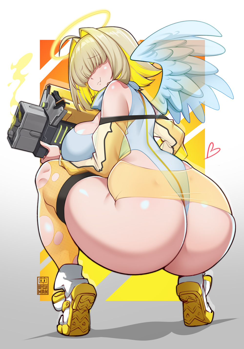 1girl angel angel_wings artist_logo artist_name ass ass_focus bare_shoulders bayeuxman blonde_hair breasts colored_inner_hair elegg_(nikke) from_behind goddess_of_victory:_nikke gradient_background grey_background gun hair_intakes hair_over_eyes highres holding holding_gun holding_weapon holo huge_ass large_breasts leotard medium_hair multicolored_hair pout shiny_skin solo squatting thighhighs tiptoes torn_clothes torn_thighhighs two-tone_hair weapon white_background white_footwear white_leotard wings yellow_thighhighs