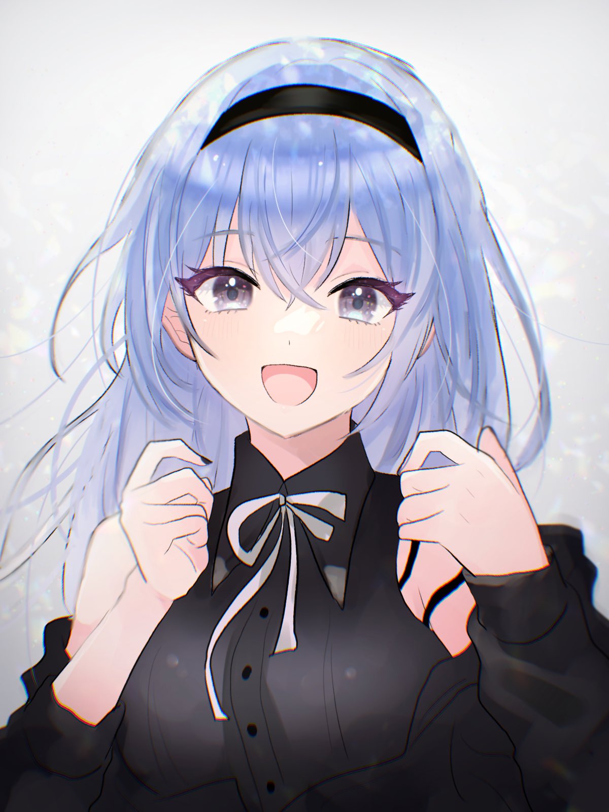1girl bare_shoulders black_hairband black_jacket black_shirt blue_hair blurry blush bow bowtie breasts depth_of_field dot_nose grey_background hair_between_eyes hairband hands_up highres idolmaster idolmaster_shiny_colors idolmaster_shiny_colors_song_for_prism jacket long_hair long_sleeves looking_at_viewer medium_breasts off_shoulder open_mouth purple_eyes sakamomo shirt simple_background smile solo suzuki_hana upper_body white_bow white_bowtie