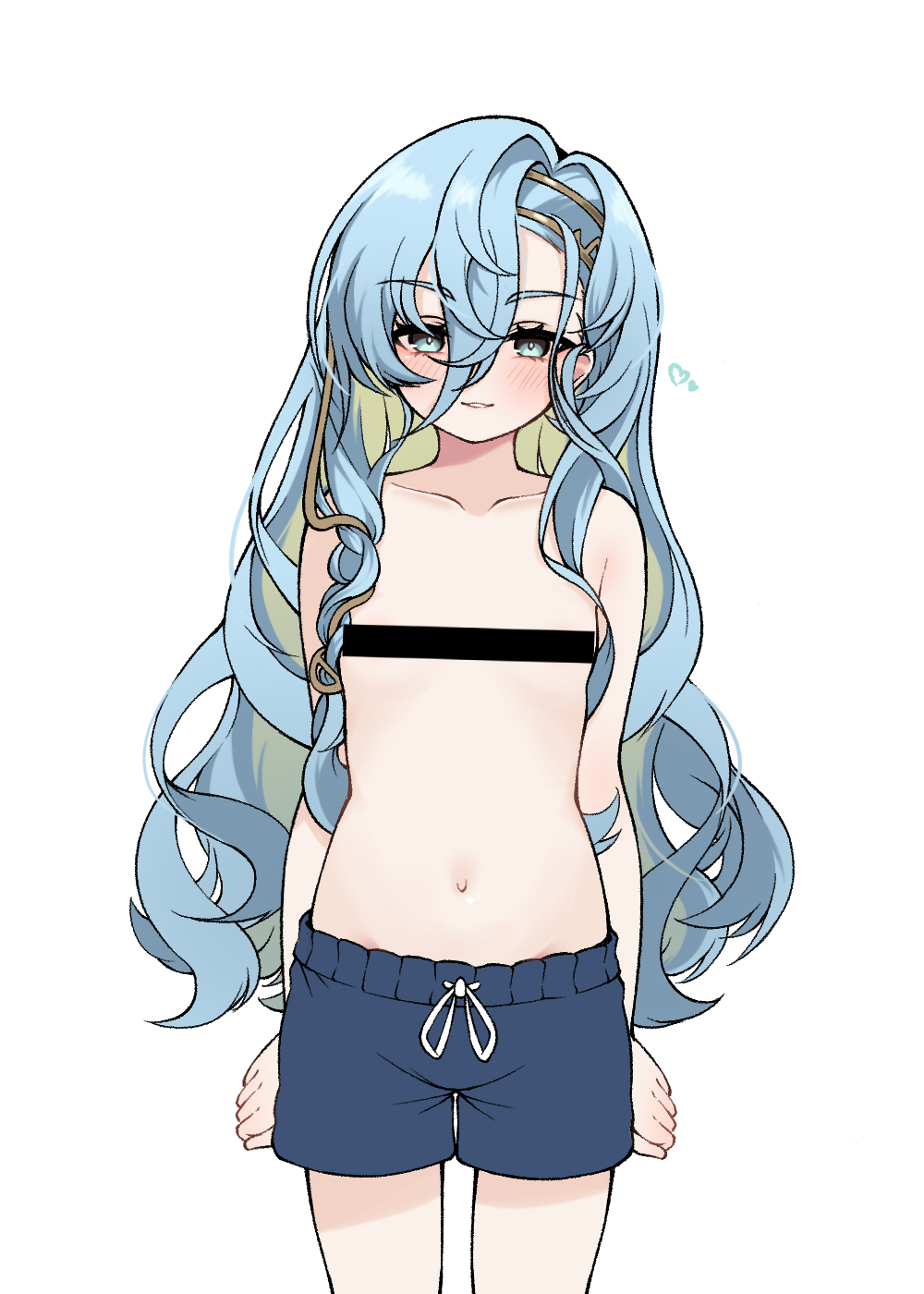 1girl 37_(reverse:1999) aqua_eyes arms_at_sides bar_censor blue_hair blush censored collarbone hair_between_eyes heart highres kkoma korean_commentary light_smile long_hair looking_at_viewer male_swimwear_challenge navel parted_lips reverse:1999 simple_background solo very_long_hair white_background