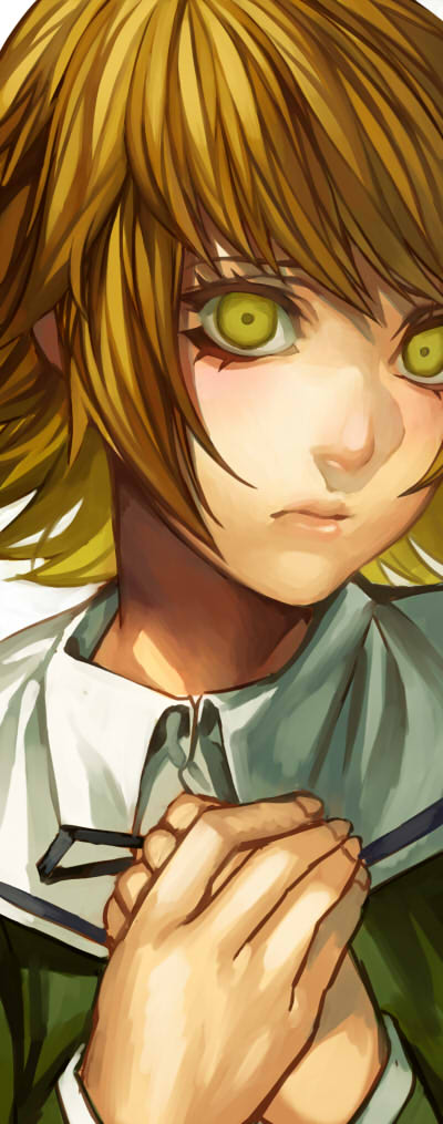 1boy black_ribbon blonde_hair closed_mouth collar collared_shirt commentary_request danganronpa:_trigger_happy_havoc danganronpa_(series) eyelashes fingernails fujisaki_chihiro green_shirt green_sleeves hands_on_own_chest irohara_mitabi layered_sleeves light_frown long_sleeves looking_at_viewer male_focus neck_ribbon otoko_no_ko own_hands_together ribbon shirt short_hair simple_background sleeves_past_wrists solo upper_body white_background white_collar yellow_eyes