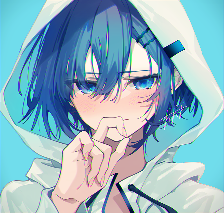 1girl blue_background blue_eyes blue_hair blush closed_mouth finger_to_mouth hair_between_eyes hair_ornament hairclip hood hood_up hoodie long_sleeves looking_at_viewer original oshio_(dayo) short_hair simple_background solo upper_body white_hoodie