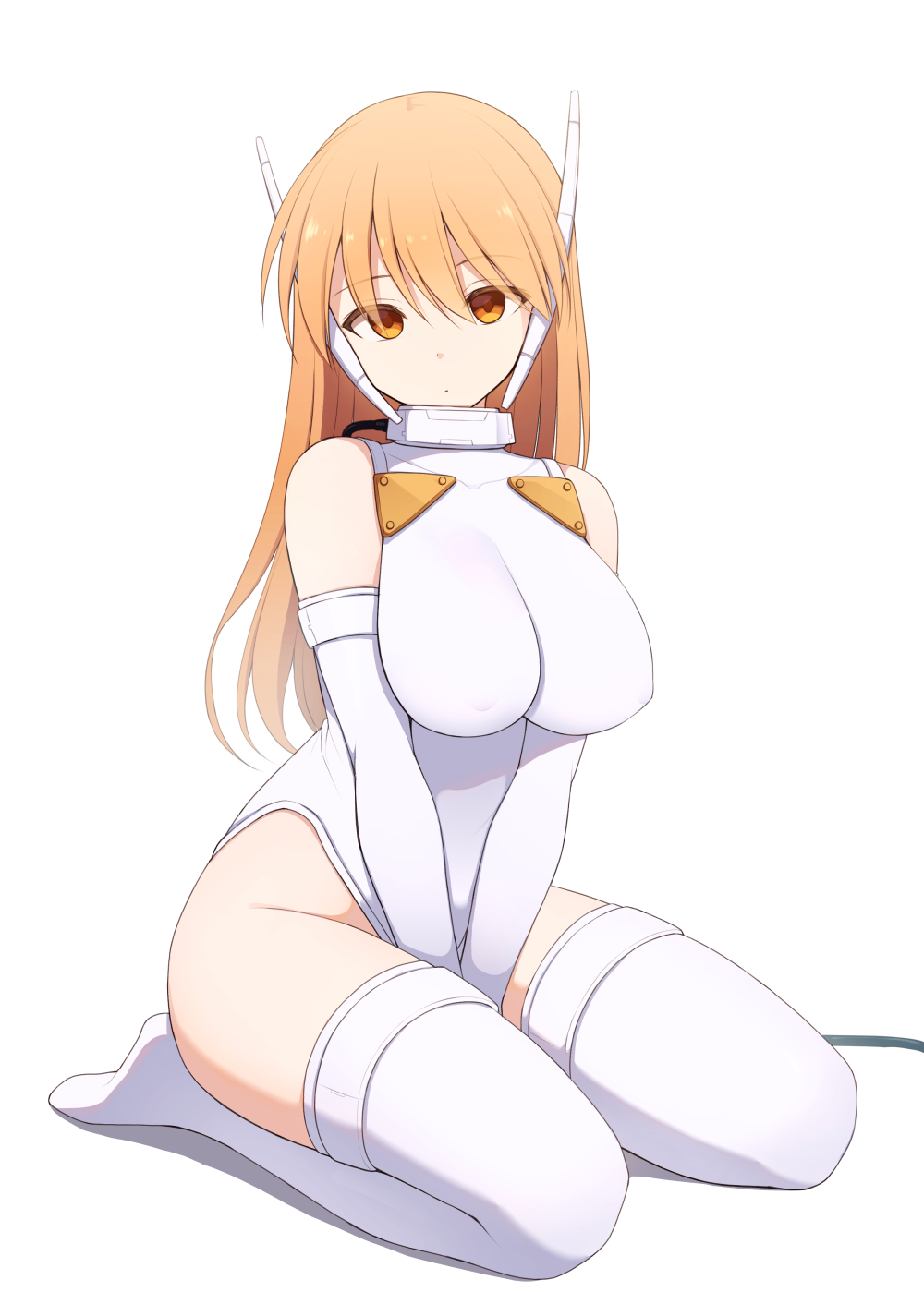 1girl :o android between_legs breasts choker commentary_request covered_nipples detached_sleeves empty_eyes full_body hand_between_legs highres huge_breasts impossible_clothes impossible_leotard kurikara leotard long_hair long_sleeves looking_at_viewer orange_eyes orange_hair parted_lips robot_ears seiza serio_(to_heart) simple_background sitting solo thighhighs thighs to_heart to_heart_(series) tsurime v_arms white_background