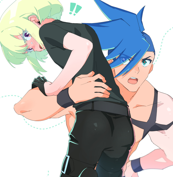 ! !! 2boys androgynous armband ass black_gloves blue_eyes blue_hair blush buzz_cut carrying_over_shoulder commentary_request galo_thymos gloves green_hair lio_fotia looking_at_another male_focus multiple_boys ns1123 open_mouth otoko_no_ko promare purple_eyes short_hair sidelocks simple_background surprised upper_body very_short_hair white_background