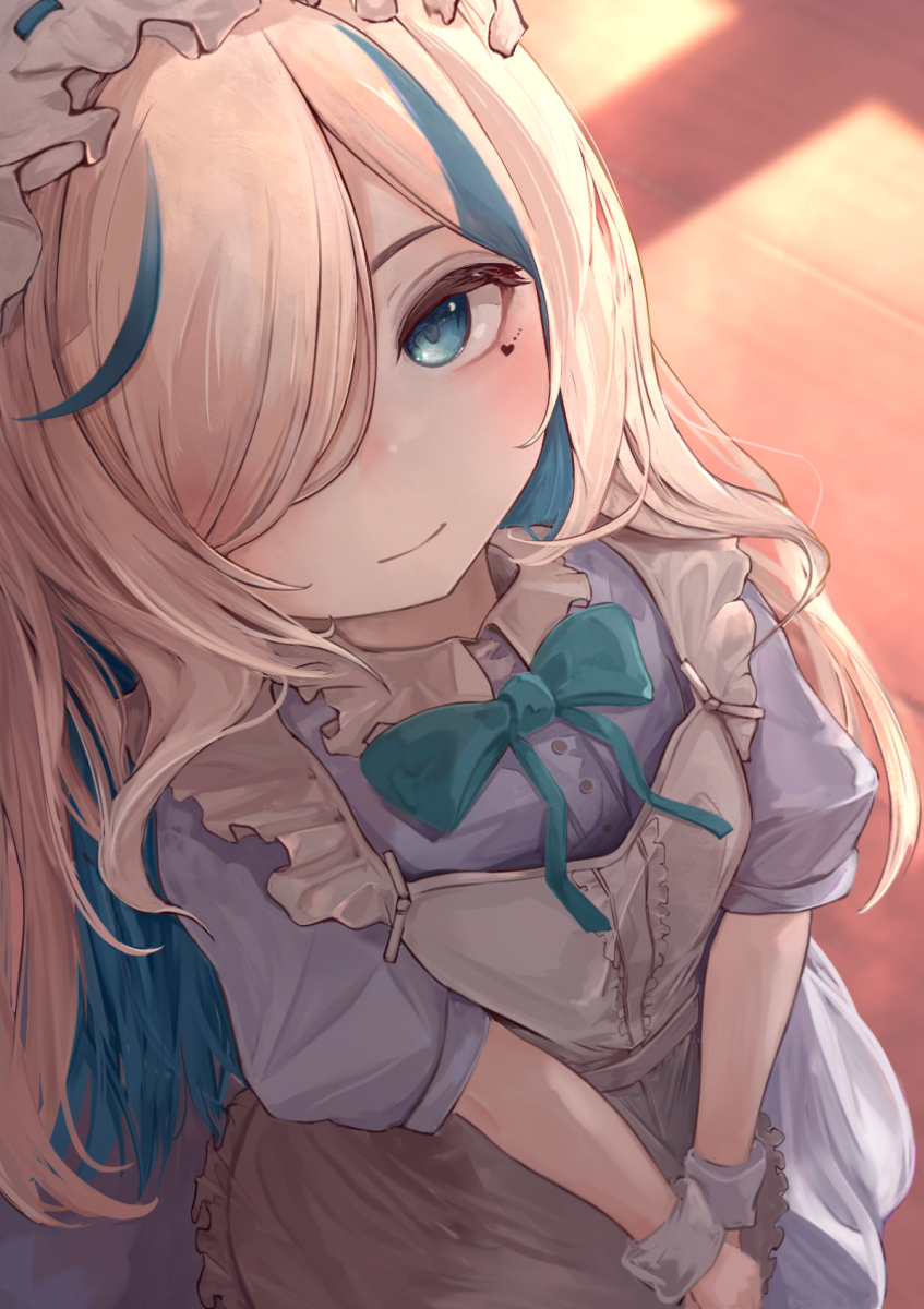 1girl apron asaikeu blonde_hair blue_bow blue_bowtie blue_dress blue_eyes blue_hair blush bow bowtie closed_mouth commentary dress facial_tattoo frilled_hairband frills from_above hair_over_one_eye hairband heart heart_tattoo highres ilu_fluor indie_virtual_youtuber light_smile long_hair looking_at_viewer looking_up mole mole_under_eye multicolored_hair one_eye_covered puffy_short_sleeves puffy_sleeves short_sleeves solo streaked_hair tattoo virtual_youtuber white_apron white_hairband wrist_cuffs