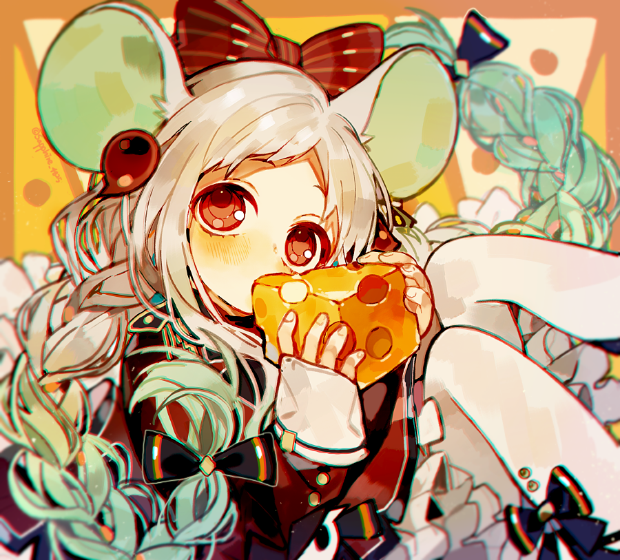 1girl animal_ears black_bow bow box braid cheese dress earrings food frilled_dress frills gradient_hair hair_bow holding holding_food in_box in_container jewelry jibaku_shounen_hanako-kun knees_up long_hair long_sleeves looking_up magatama magatama_earrings mouse_ears mouse_girl multicolored_hair red_bow red_dress sapphire_(nine) solo twin_braids very_long_hair yashiro_nene