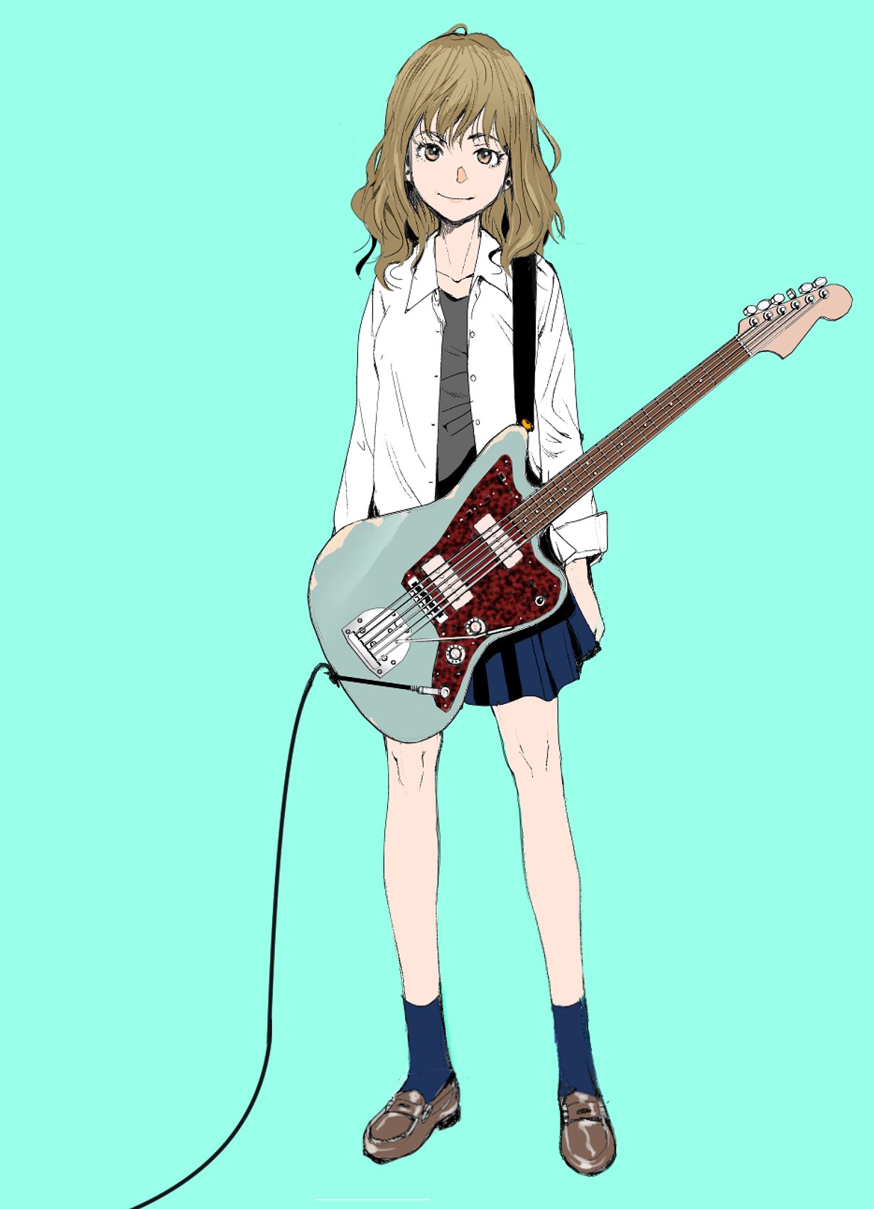 1girl blue_background blue_skirt blue_socks brown_eyes brown_footwear brown_hair electric_guitar full_body grey_necktie guitar highres instrument loafers long_hair looking_at_viewer necktie original pleated_skirt shoes simple_background skirt socks solo standing tamaoki_benkyou wire