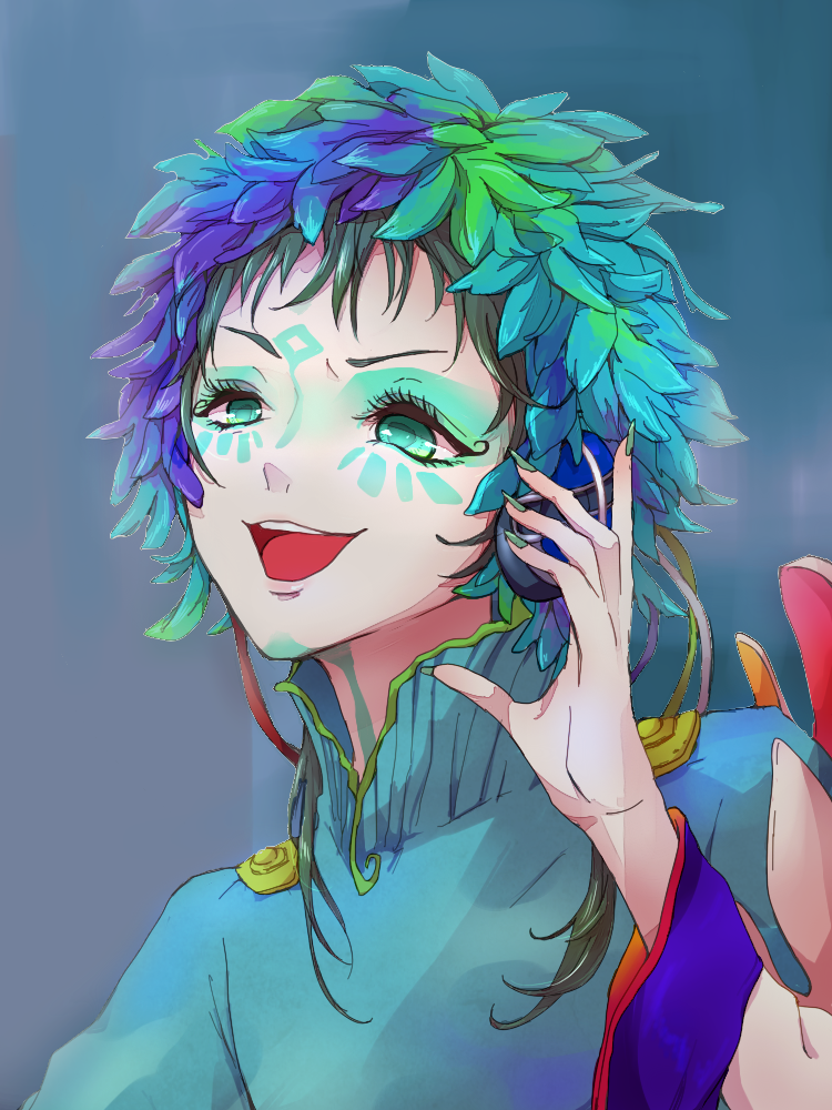 1other androgynous blue_eyes blue_hair facepaint facial_mark feathers forehead_mark gnosia green_eyes green_hair headphones long_hair long_sleeves looking_at_viewer makeup multicolored_hair other_focus raqio solo streaked_hair tattoo upper_body user_ehhy7722