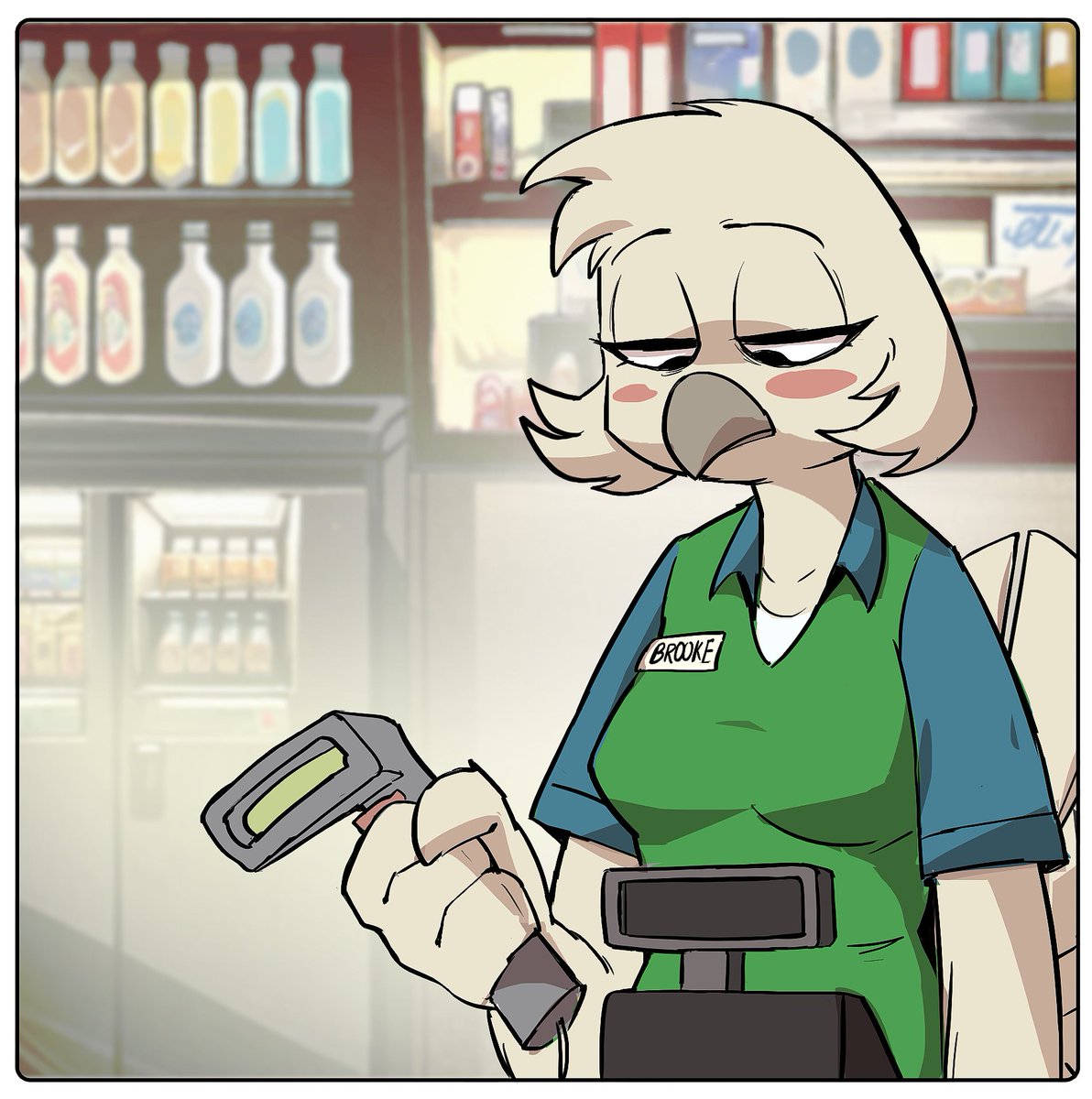 anthro avian beak bird breasts cashier clothed clothing eyebrows female fingers hi_res holding_object non-mammal_breasts solo yoelrabbit