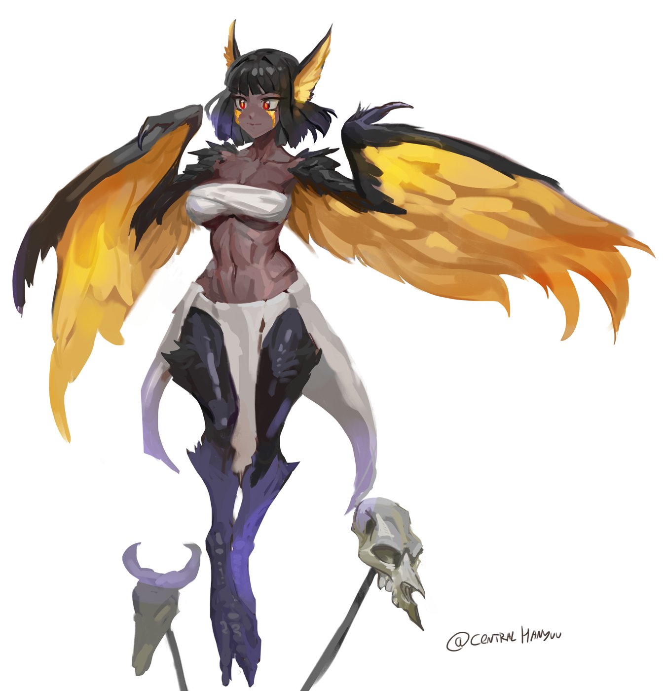 1girl animal_skull bandeau bird_legs black_hair breasts centralhanyuu dark-skinned_female dark_skin facial_mark feathered_wings feathers harpy head_on_pike highres large_breasts midriff monster_girl navel original red_eyes short_hair simple_background skirt solo talons twitter_username white_background white_bandeau white_skirt winged_arms wings yellow_feathers yellow_wings