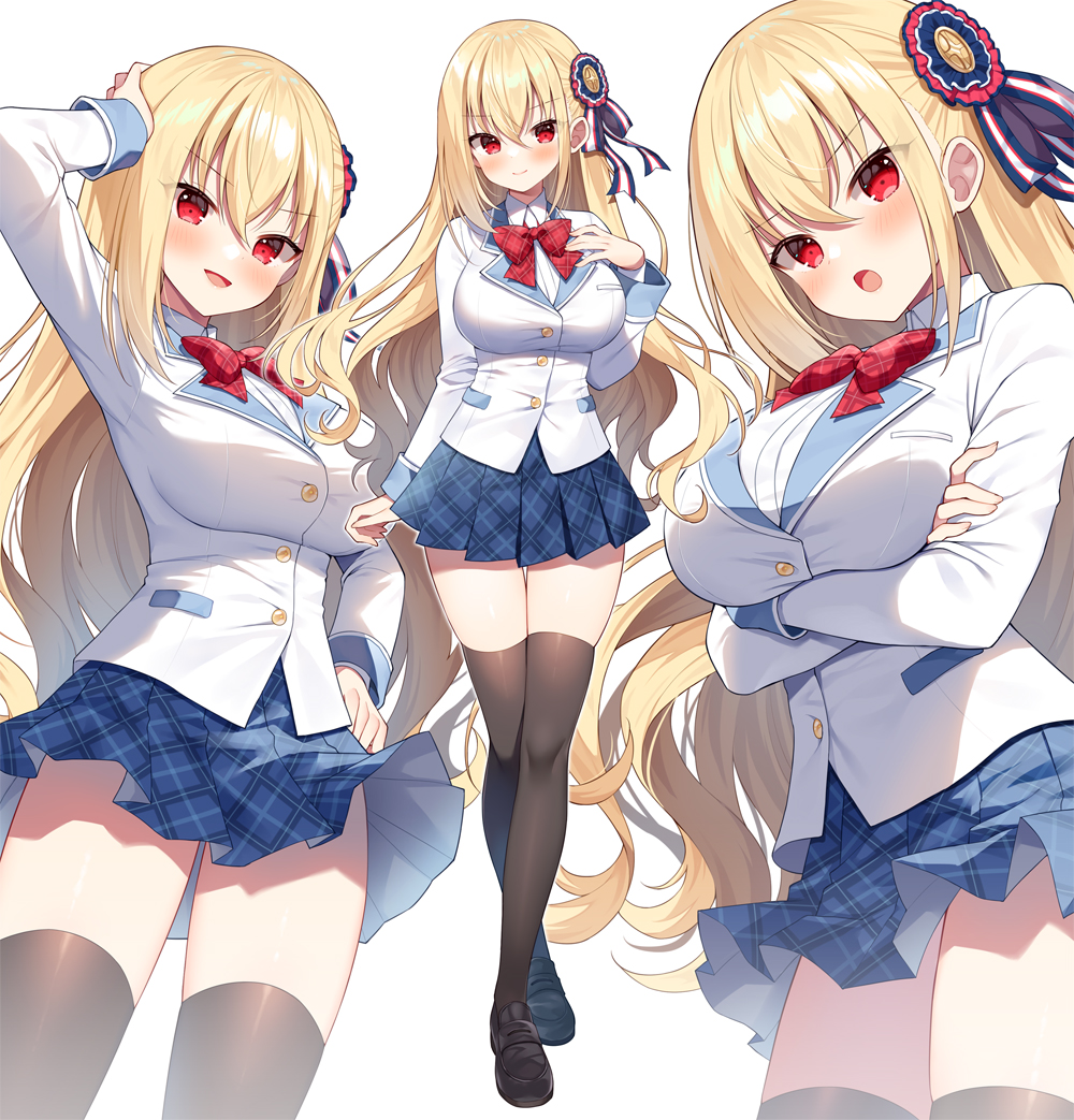 1girl :d :o arm_up arms_under_breasts black_thighhighs blonde_hair blue_skirt blush bow breasts closed_mouth collared_shirt commentary_request crossed_arms crossed_legs dress_shirt hair_between_eyes hand_on_own_hip hinageshi_makoto jacket large_breasts long_hair looking_at_viewer mauve multiple_views nijirushi open_mouth plaid plaid_bow plaid_skirt pleated_skirt red_bow red_eyes school_uniform shirt simple_background skirt smile thighhighs very_long_hair white_background white_jacket white_shirt