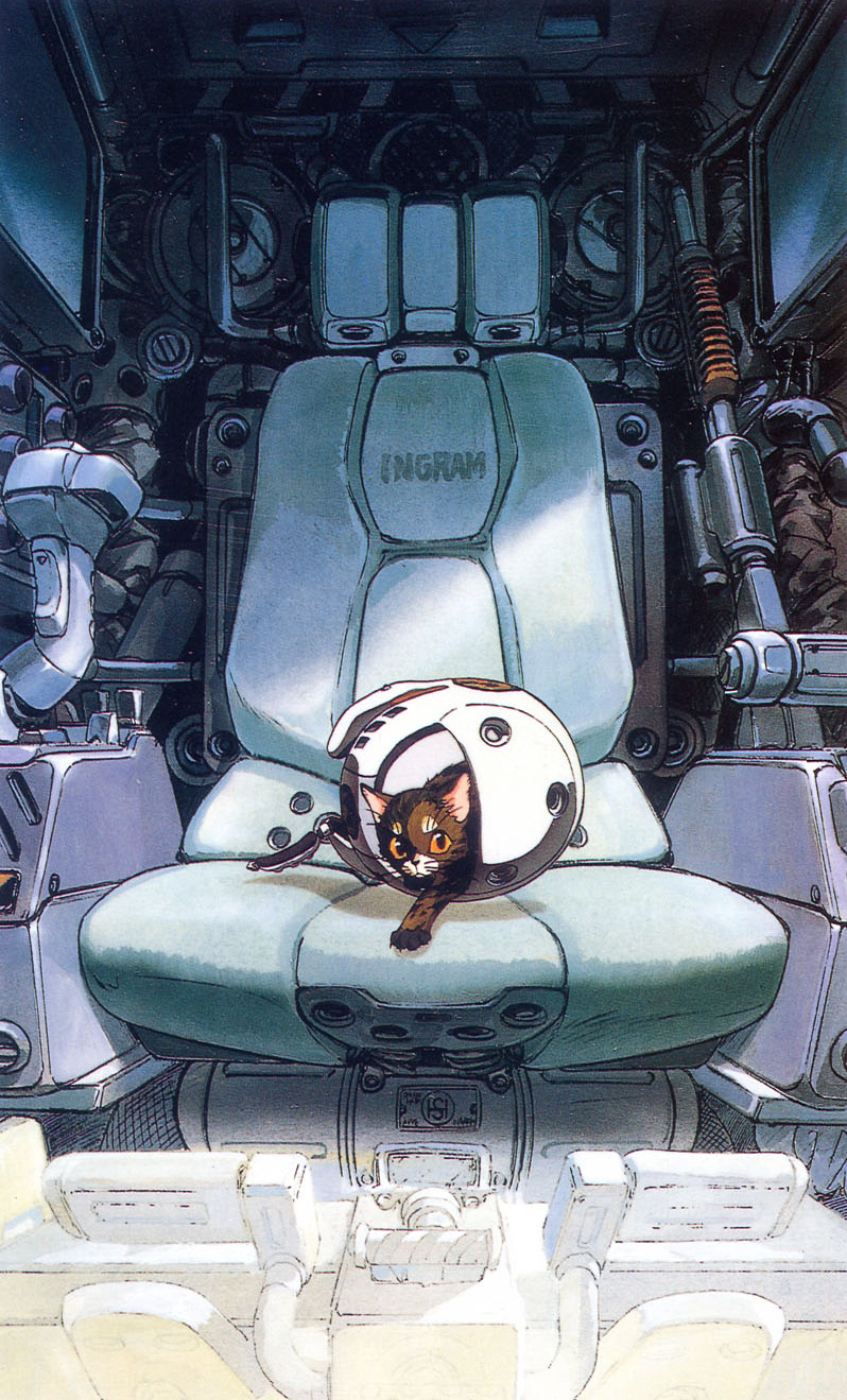 1990s_(style) alphonse_(av-98_ingram) artist_request av-98_ingram cat character_name cockpit control_stick gun helmet highres key_visual kidou_keisatsu_patlabor looking_at_viewer machinery mecha official_art pet pilot_chair promotional_art retro_artstyle robot scan science_fiction shotgun traditional_media weapon yellow_eyes