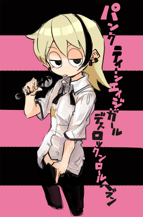 1girl black_background black_eyes black_pants black_ribbon blonde_hair collared_shirt copyright_name cropped_legs ear_piercing half-closed_eyes hand_up hiromi_(punk_teen) holding holding_microphone jitome kasa_(hitori_sanka) long_hair looking_at_viewer microphone midriff_peek multicolored_hair neck_ribbon pants piercing pink_background punk_teenage_girl_death_rock_'n'_roll_heaven ribbon shirt short_sleeves solo standing streaked_hair striped_background thumb_in_beltline tongue tongue_out translation_request two-tone_background undone_neck_ribbon white_shirt