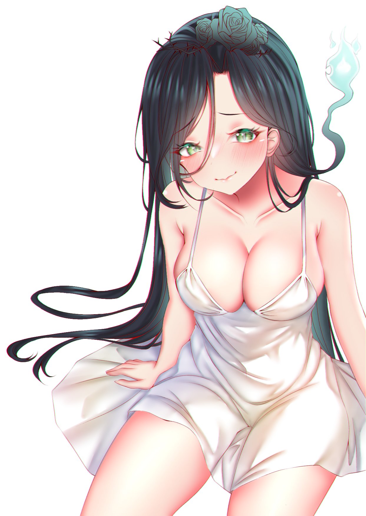 1girl algorhythm_project bare_legs black_hair breasts commission dress evalia_(algorhythm_project) green_eyes green_hair highres hitodama jewelry long_hair medium_breasts multicolored_hair naimeow second-party_source smile solo thai_commentary very_long_hair virtual_youtuber white_background white_dress