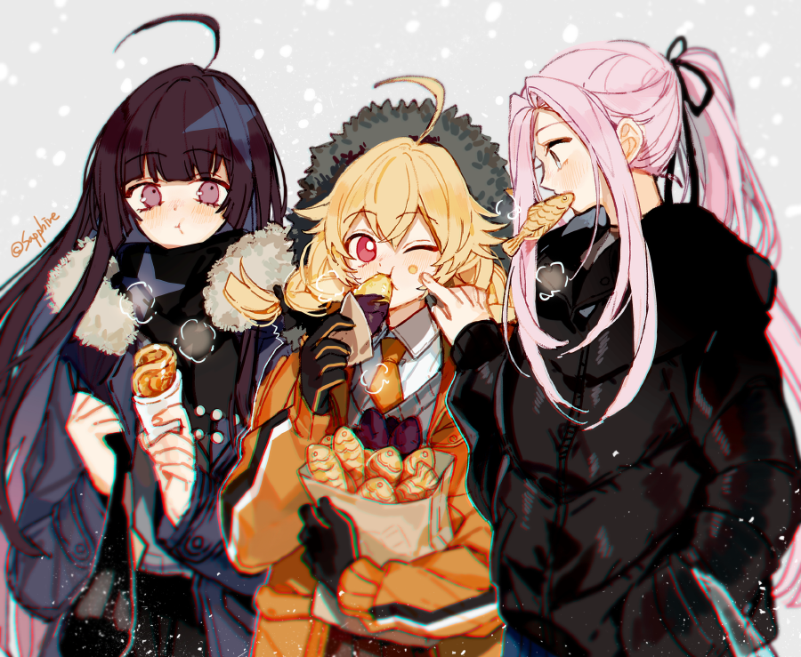 3girls ahoge bag black_gloves black_jacket braid brown_hair down_jacket eating food forever_7th_capital gloves hair_intakes high_ponytail holding holding_bag jacket jyuuku_(forever_7th_capital) kachigo_(forever_7th_capital) long_hair multiple_girls one_eye_closed orange_jacket pink_eyes pink_hair sapphire_(nine) sidelocks steam taiyaki tesla_(forever_7th_capital) twin_braids upper_body very_long_hair wagashi