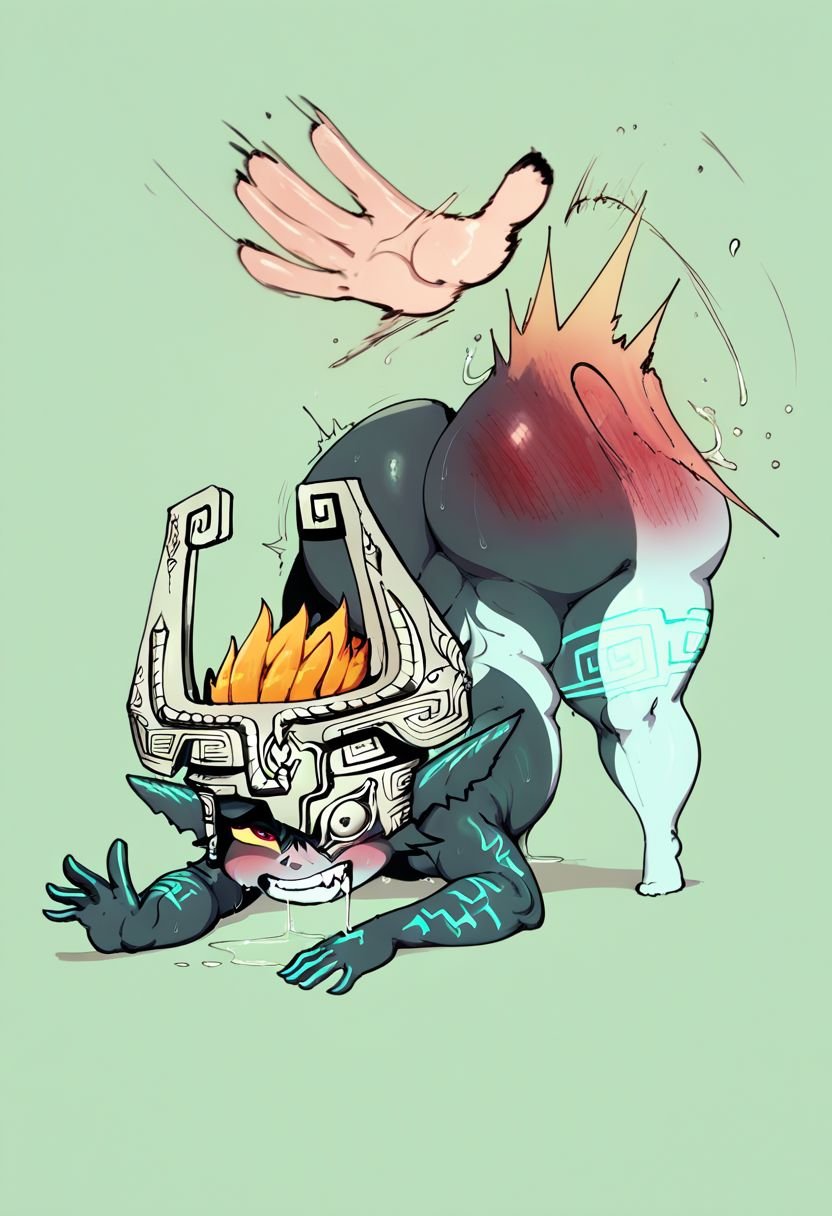 all_fours big_butt black_body blush bodily_fluids butt butt_slap drooling duo female full-length_portrait green_background grey_body grin headgear hi_res huge_butt humanoid humanoid_pointy_ears kingap_x midna motion_lines nintendo one_eye_obstructed portrait red_eyes saliva short_stack simple_background slap smile the_legend_of_zelda thick_thighs twili twilight_princess wide_hips yellow_sclera