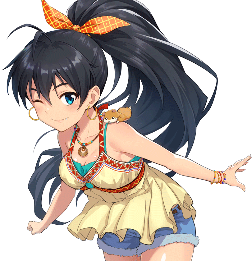 1girl ;) ahoge animal black_hair blue_eyes blue_shorts bow bracelet breasts cowboy_shot dark-skinned_female dark_skin denim denim_shorts earrings fang frilled_shirt frills ganaha_hibiki hair_between_eyes hair_bow halter_shirt halterneck hamster hamuzou hoop_earrings idolmaster idolmaster_(classic) jewelry long_hair looking_at_viewer medium_breasts mofu_(mof_swimradio) necklace one_eye_closed pendant ponytail shirt shorts simple_background sleeveless smile solo undershirt very_long_hair white_background yellow_shirt