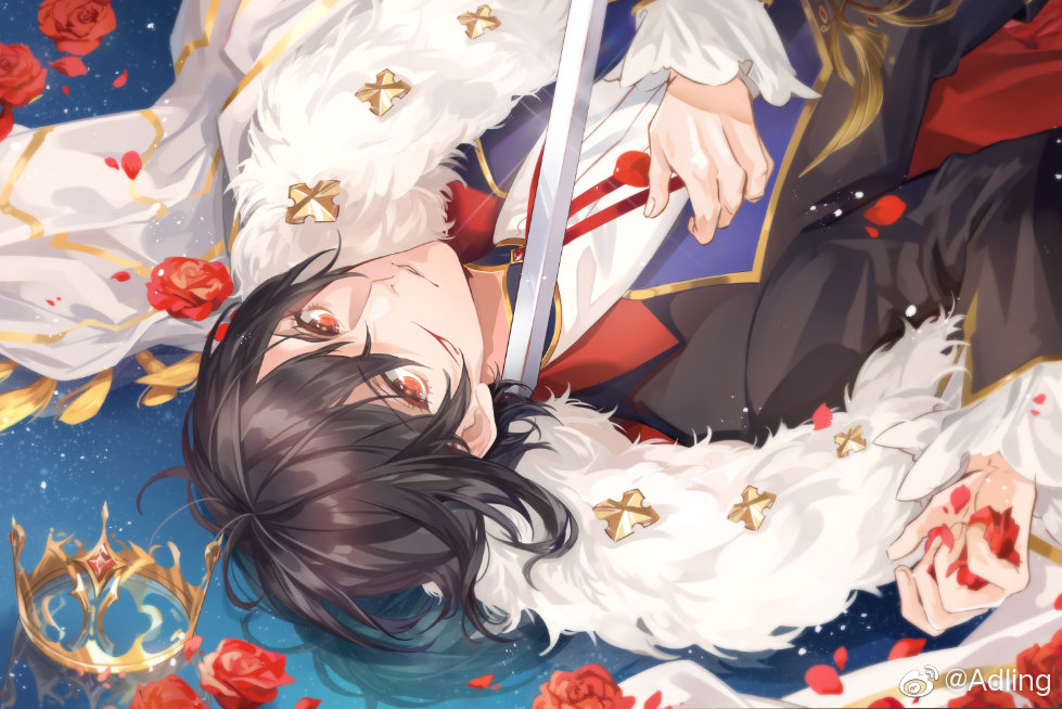 1boy adling ayn_alwyn black_hair black_jacket blade_to_throat bleeding blood cape crown cuts flower frilled_sleeves frills fur-trimmed_cape fur_trim hair_between_eyes holding holding_petal injury jacket lapels long_sleeves looking_at_viewer lovebrush_chronicles lying male_focus mandarin_collar neck_ribbon notched_lapels on_back on_liquid parted_lips petals red_eyes red_flower red_ribbon red_rose reflection reflective_water ribbon rose rose_petals shirt short_hair smirk solo sword unworn_crown upper_body upside-down weapon weibo_logo weibo_watermark white_cape white_shirt