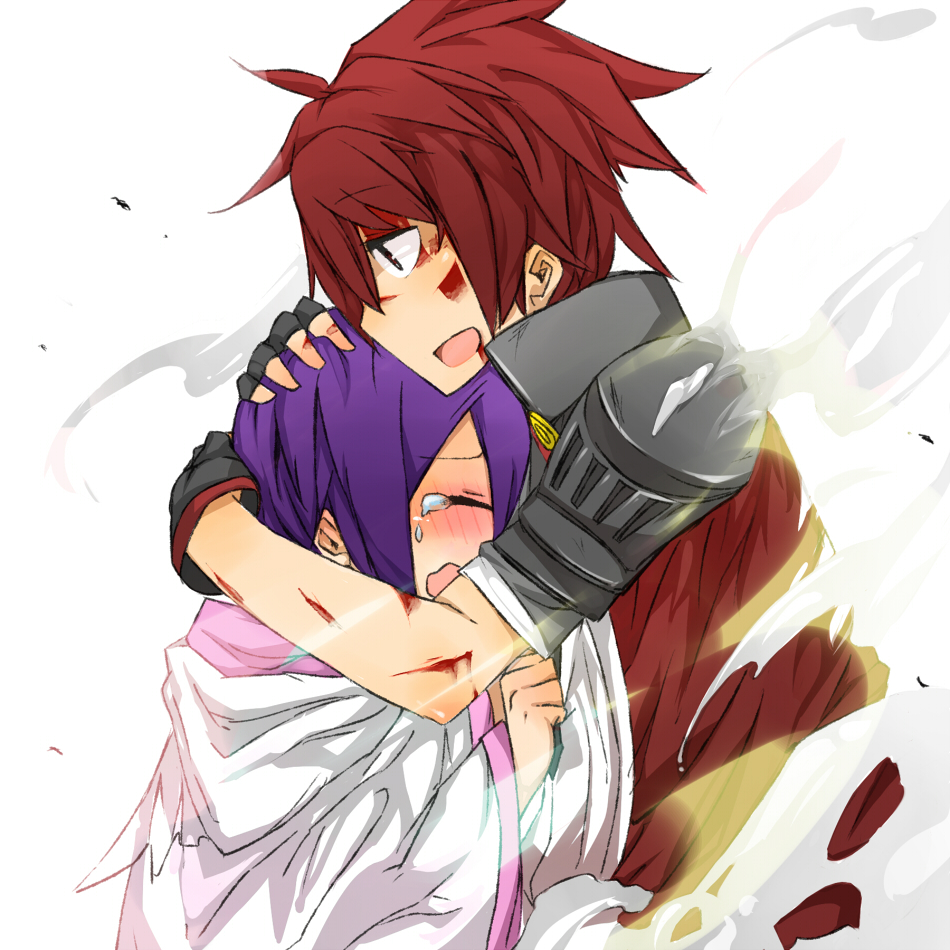 1girl aisha_(elsword) armor blood elsword elsword_(character) esu_(transc) hug purple_hair red_hair tears