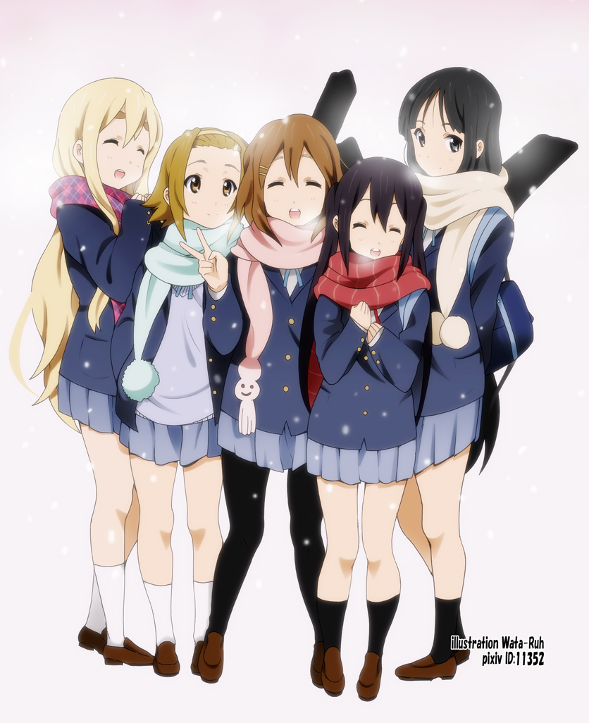 akiyama_mio artist_name black_eyes black_hair blonde_hair brown_eyes brown_hair closed_eyes guitar_case hirasawa_yui instrument_case k-on! kotobuki_tsumugi long_hair multiple_girls nakano_azusa pantyhose scarf school_uniform short_hair signature tainaka_ritsu twintails v yamasaki_wataru