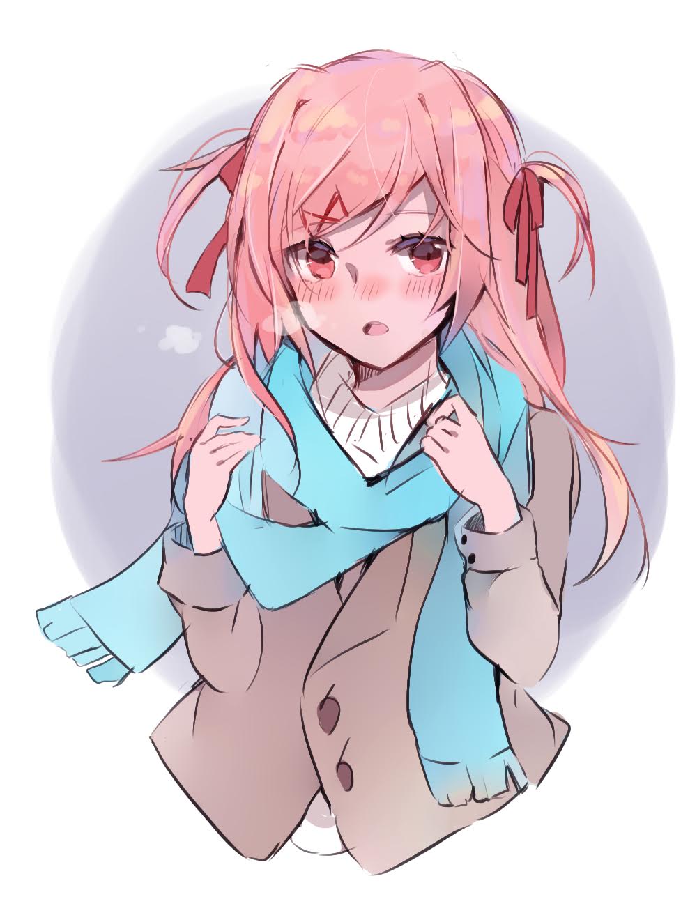 1girl alternate_hair_length alternate_hairstyle az_37331m blue_scarf blush breath brown_jacket commentary doki_doki_literature_club hair_ribbon highres jacket long_hair looking_at_viewer natsuki_(doki_doki_literature_club) nose_blush older open_mouth pink_hair red_eyes red_ribbon ribbon scarf simple_background sketch solo two_side_up upper_body