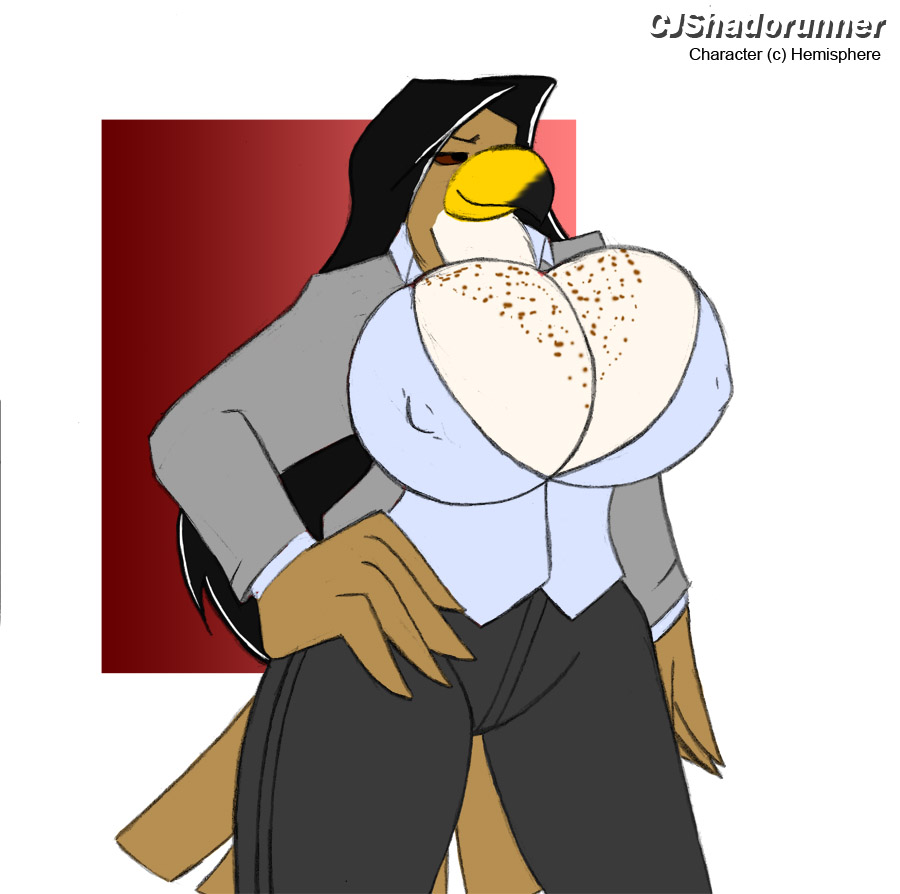 beak big_breasts bird breasts brown brown_eyes brown_feathers cjshadorunner cleavage clothed clothing eagle female hand_on_hip hood huge_breasts plain_background solo tail white_background