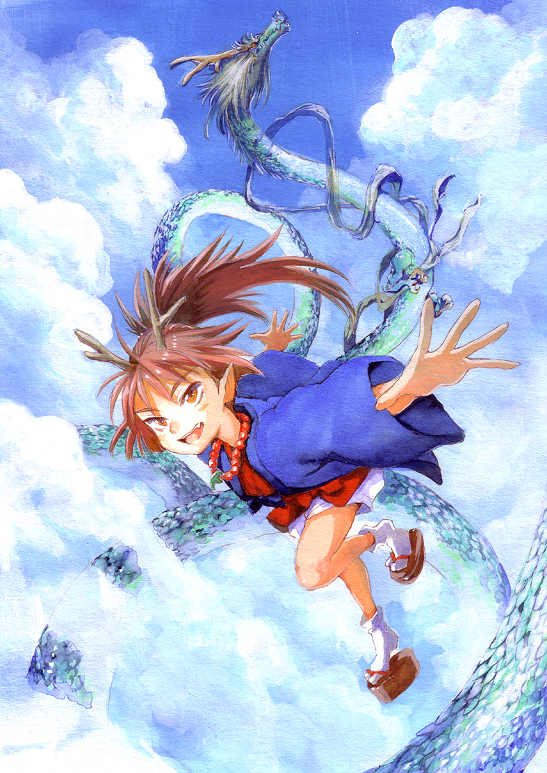 :d antlers beads brown_eyes brown_hair clog_sandals cloud day dragon dragon_girl eastern_dragon fang foreshortening hirokazu japanese_clothes jewelry kimono magatama marker_(medium) monster_girl necklace new_year open_mouth original outstretched_arms pointy_ears ponytail prayer_beads short_kimono sky smile solo spread_arms tabi traditional_media