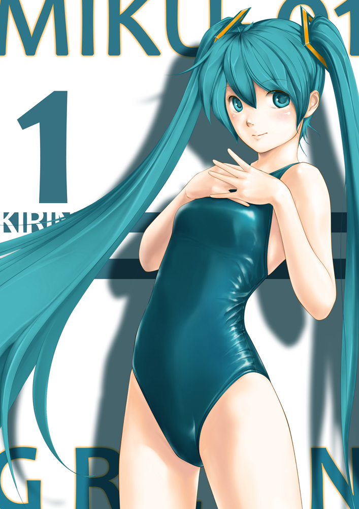 competition_swimsuit green_eyes green_hair hatsune_miku kirin404 long_hair one-piece_swimsuit solo swimsuit twintails vocaloid