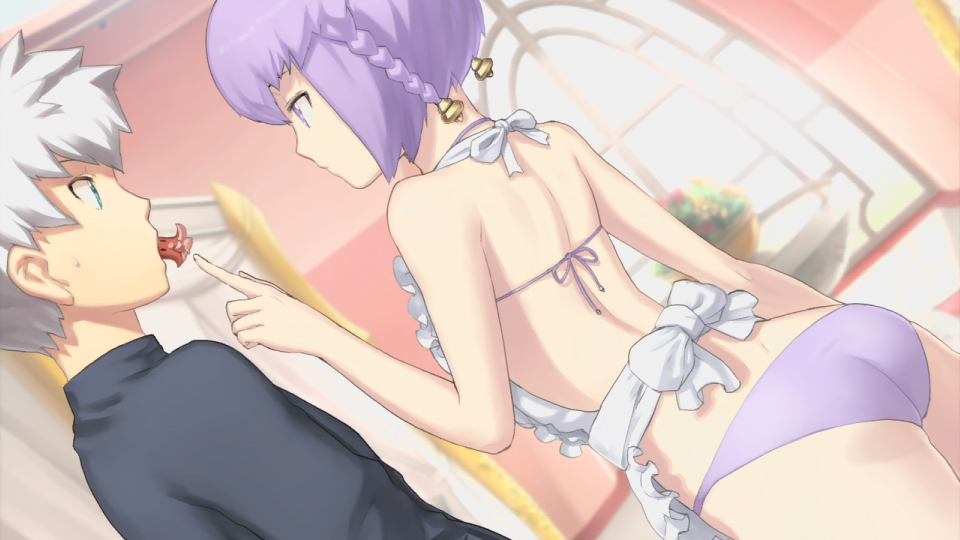 1girl aoto_(ar_tonelico) apron ar_tonelico ar_tonelico_iii ass back backless_outfit bare_shoulders bikini blue_eyes blurry bow braid curtains depth_of_field dutch_angle eating feeding flower food frilled_apron frills from_behind game_cg hair_ornament index_finger_raised indoors looking_at_another mouth_hold nagi_ryou nearly_naked_apron profile purple_bikini purple_eyes purple_hair short_hair sweatdrop swimsuit tako-san_wiener tilia twin_braids white_hair window