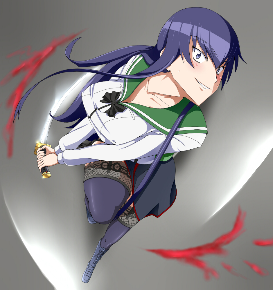action blood busujima_saeko garters highschool_of_the_dead katana lace lace-trimmed_thighhighs purple_hair ribonzu solo sword thighhighs weapon
