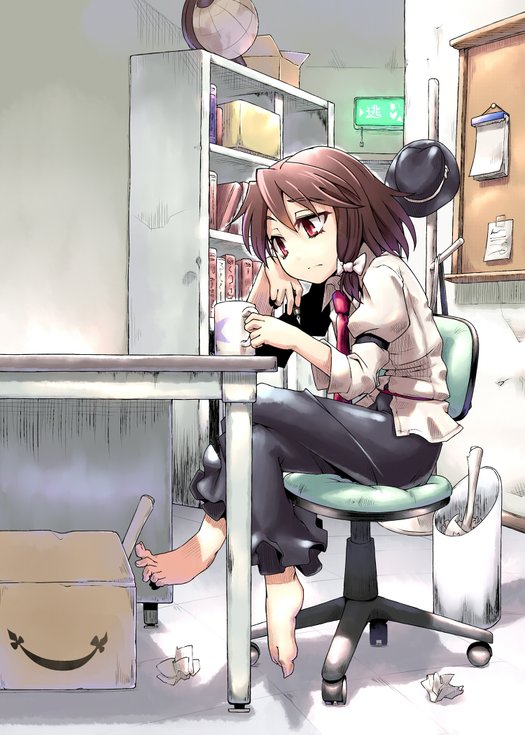 amazon_(company) aya_shachou barefoot book bow box brown_hair chair crossed_legs cup feet hair_bow hat hat_removed headwear_removed indoors mug necktie parody red_eyes short_hair sitting solo touhou trash_can usami_renko