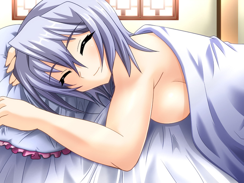 bed bed_sheet breasts closed_eyes frilled_pillow frills kayuu koihime_musou large_breasts lying pillow sideboob silver_hair smile solo yagami_(mukage)