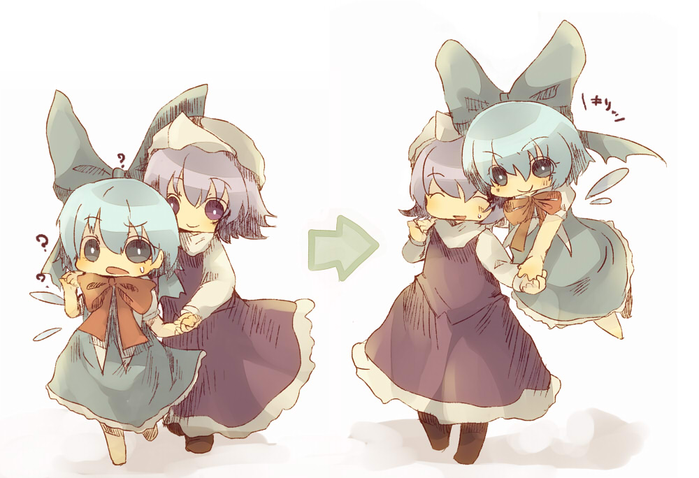 ? bad_id bad_pixiv_id blue_eyes blue_hair bow chibi cirno directional_arrow hair_bow holding_hands letty_whiterock masirosu multiple_girls purple_hair revision short_hair simple_background touhou wings
