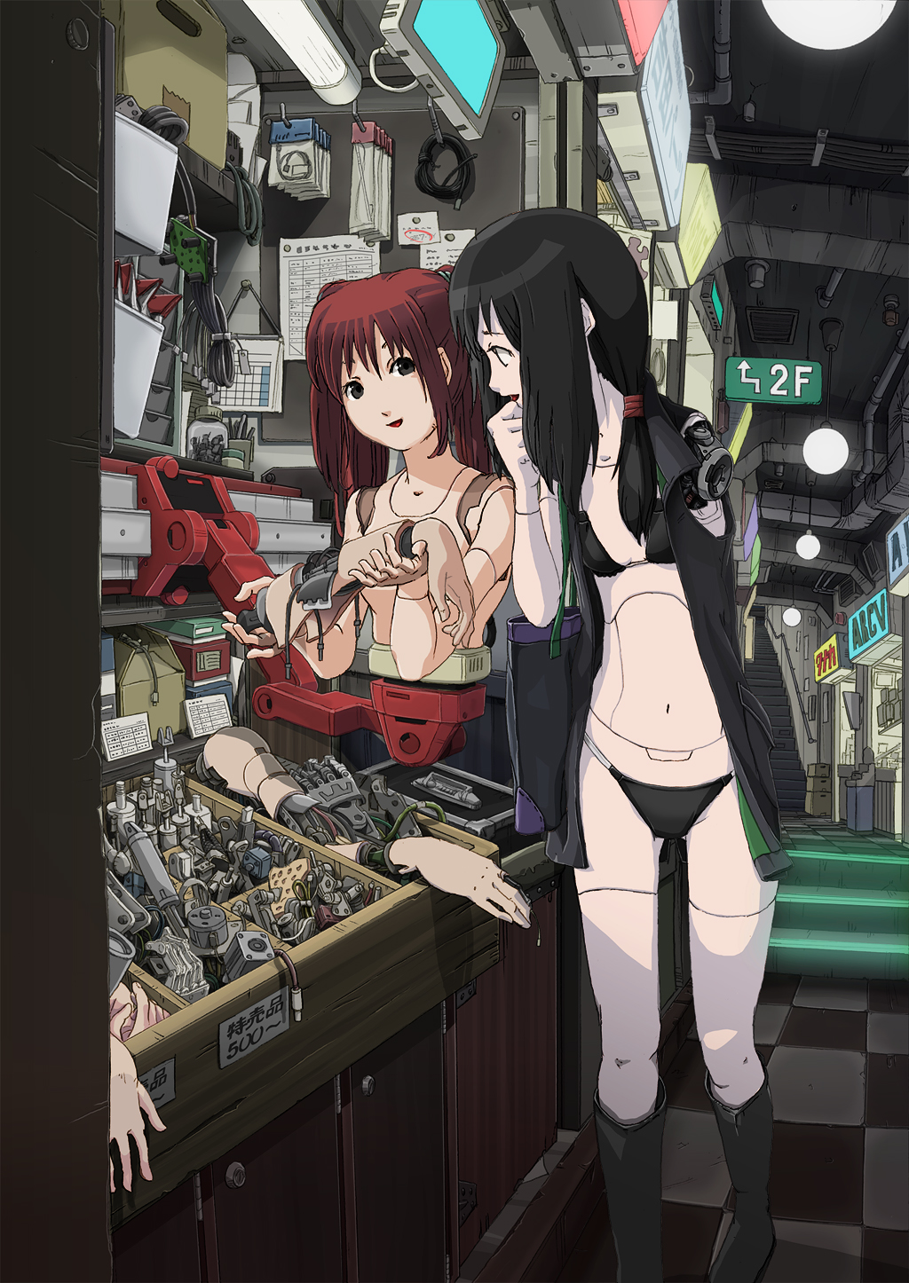 amputee android arm bag bikini black_bikini black_eyes black_hair boots checkered checkered_floor highres kiosk knee_boots mechanical multiple_girls original parts_exposed perspective red_hair robot_joints shopping smile stairs sukabu swimsuit twintails vanishing_point