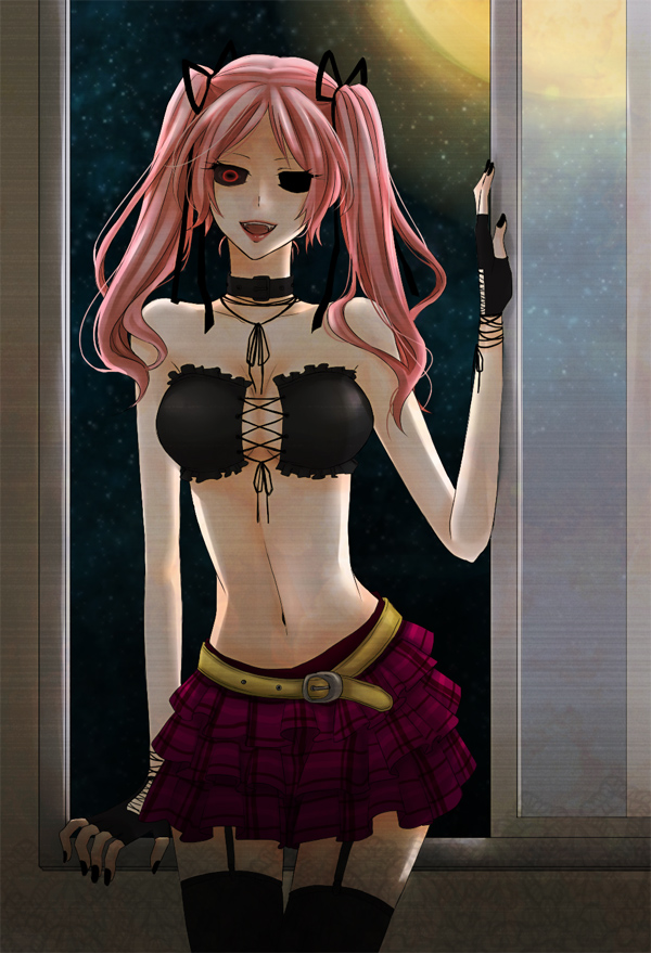 :d against_wall bad_id bad_pixiv_id bandeau belt black_nails black_sclera breasts choker cleavage fingerless_gloves front-tie_top garter_straps gloves hair_ribbon lipstick long_hair makeup medium_breasts midriff moon nail_polish naughty_face navel night night_sky nonmark open_mouth pink_hair plaid plaid_skirt red_eyes ribbon shiki shimizu_megumi skirt sky smile solo thighhighs twintails window zettai_ryouiki