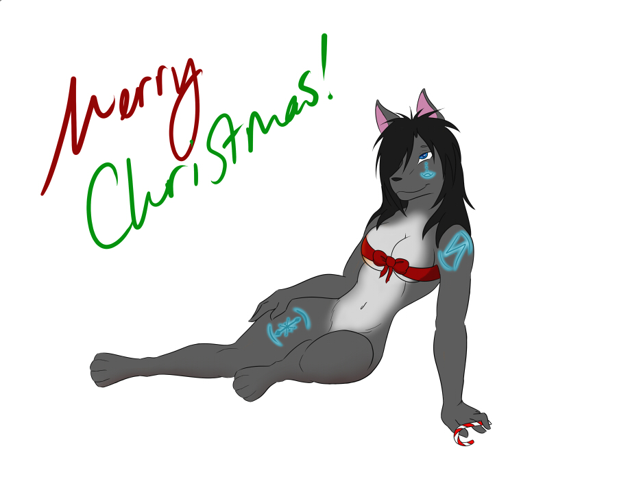 black_hair blue_eyes candy candy_cane canine christmas english_text female hair hair_over_eye holidays mammal ribbons solo tattoo text wolf xmas
