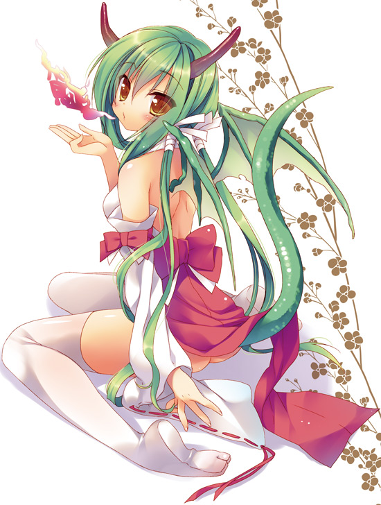 back bare_back bare_shoulders blush bow breathing_fire dragon_girl dragon_tail dragon_wings fire flame green_hair green_wings horn japanese_clothes long_hair looking_at_viewer miko monster_girl no_shoes original sazaki_ichiri sitting solo tabi tail thighhighs wariza white_background white_legwear wings yellow_eyes