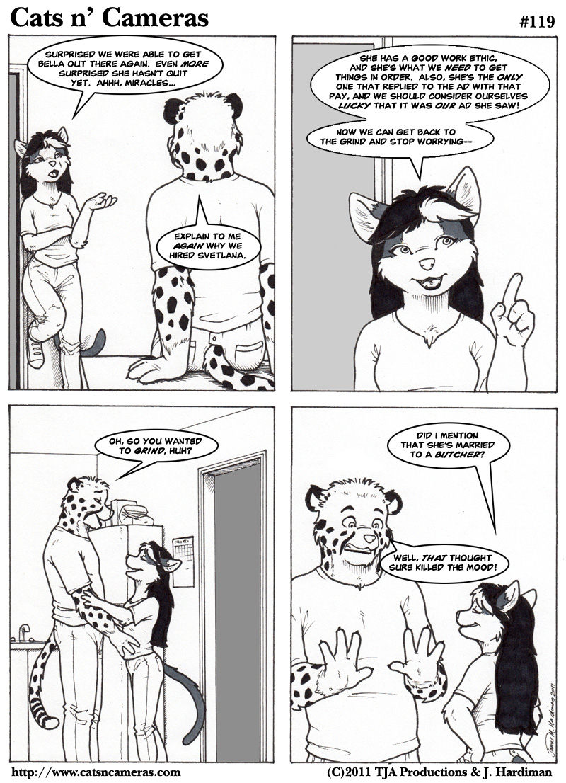 cat cats_n'_cameras cats_n'_cameras cheetah clothed clothing comic dialog dialogue english_text eye_contact feline female james_m_hardiman jim josephine_rodgers looking_at_each_other male mammal monochrome smile svetlana text