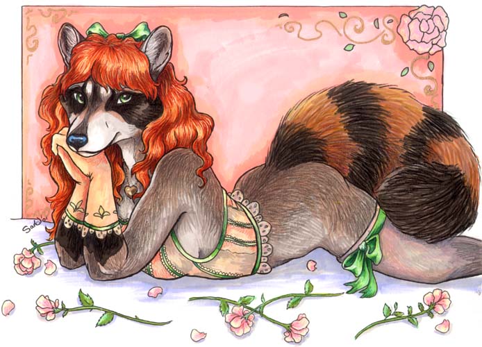 bottomless bow caribou_(artist) clothed clothing female flower garter glove green_eyes hair half-dressed mammal on_stomach orange_hair raccoon red_hair sara_palmer solo thigh_band