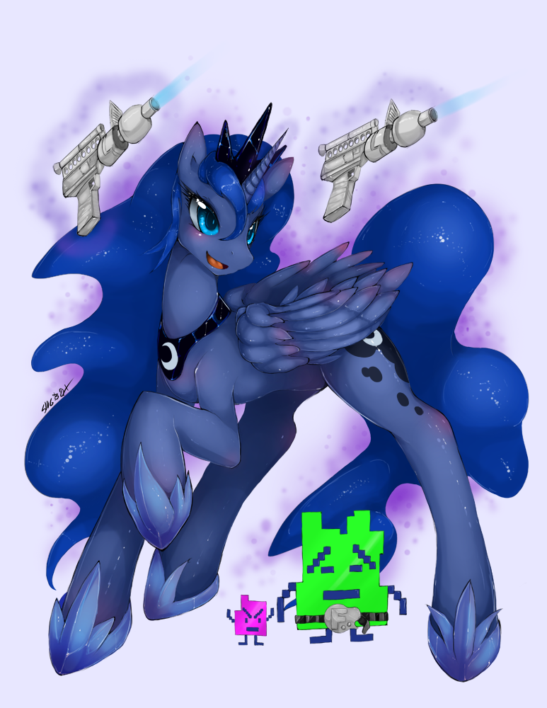 alicorn aqua_teen_hunger_force blue_eyes blue_hair blush crown cutie_mark equine female feral friendship_is_magic gun hair horn horse laser_gun long_hair magic mammal mooninites my_little_pony pegacorn pony princess_luna_(mlp) ranged_weapon slugbox smile tail tiara weapon winged_unicorn wings