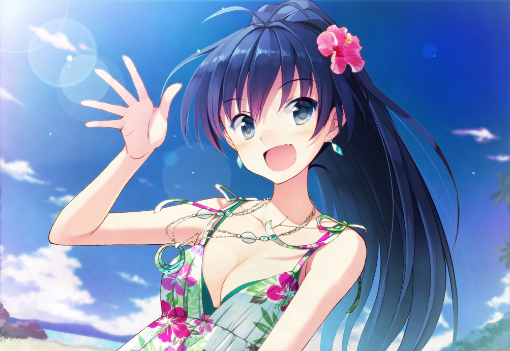 black_hair blue_eyes breasts cleavage cloud day earrings eyebrows_visible_through_hair fang flower ganaha_hibiki hair_flower hair_ornament hibiscus idolmaster idolmaster_(classic) jewelry long_hair medium_breasts necklace nekota_chihiro open_mouth outdoors ponytail sky solo upper_body waving