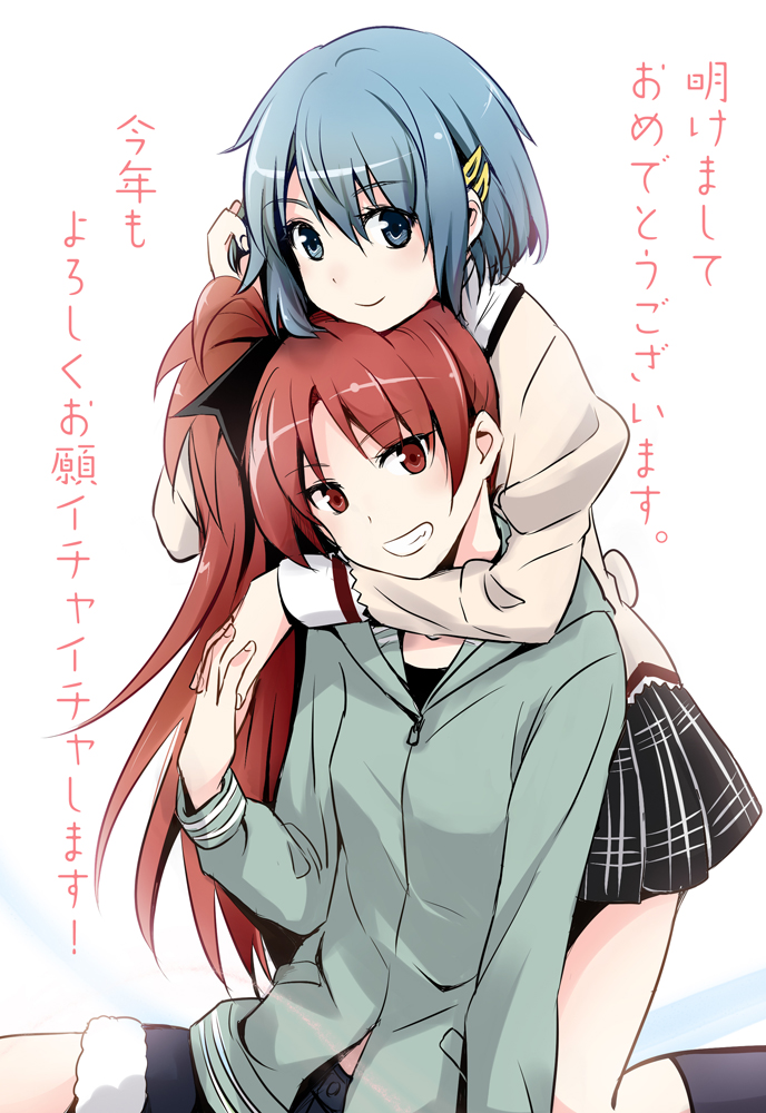 akeome arm_around_neck black_legwear blue_eyes blue_hair bow cutoffs denim denim_shorts grin hair_bow hair_ornament hairclip happy_new_year holding_hands interlocked_fingers jacket kneeling kotoyoro long_hair looking_at_viewer mahou_shoujo_madoka_magica miki_sayaka misu_kasumi multiple_girls new_year plaid plaid_skirt ponytail red_eyes red_hair sakura_kyouko school_uniform short_hair shorts simple_background sitting skirt smile socks teeth text_focus translated