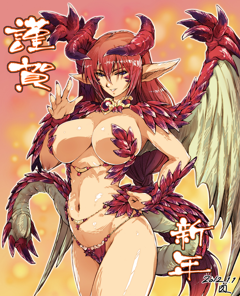 belly_chain blue_eyes breasts dated dragon_girl dragon_tail dragon_wings green_wings hisahiko horns huge_breasts jewelry long_hair monster_girl navel original panties pointy_ears red_hair red_panties smile solo tail underwear wings