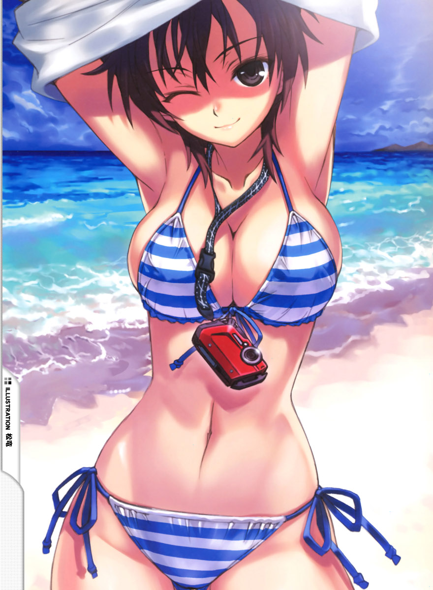 armpits arms_up beach bikini breasts brown_eyes brown_hair camera cleavage cropped day front-tie_top highres large_breasts light_smile looking_at_viewer matsuryuu navel ocean one_eye_closed original outdoors shirt_lift short_hair side-tie_bikini smile solo striped striped_bikini swimsuit undressing water