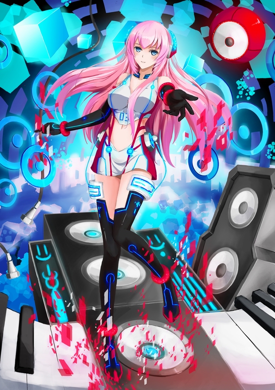 alternate_costume aqua_eyes boots cable elbow_gloves gloves long_hair megurine_luka outstretched_hand pink_hair solo speaker standing standing_on_one_leg thigh_boots thighhighs vocaloid