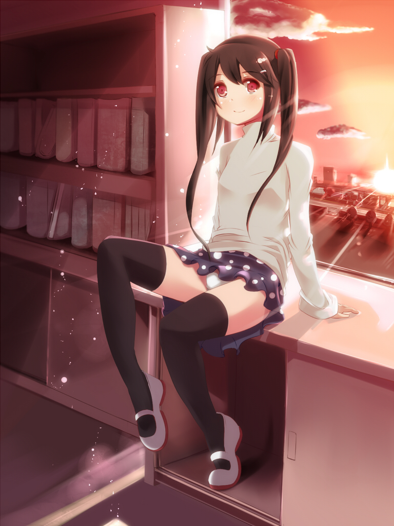 bad_id bad_pixiv_id black_hair black_legwear blush book bookshelf chirashi_(so) cloud desk legs long_hair miniskirt on_desk original panties pantyshot pantyshot_(sitting) polka_dot red_eyes shoes sitting sitting_on_desk skirt sky smile sun sunset sweater thighhighs thighs turtleneck twintails underwear upskirt uwabaki white_panties window